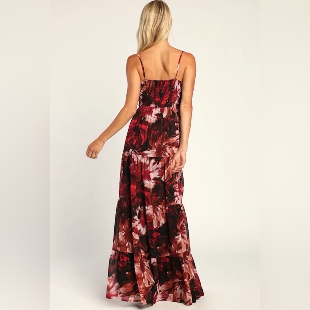 Gorgeous Blooms Burgundy Floral Print Tiered Maxi Dress ❤️ Size Small - Picture 3 of 7